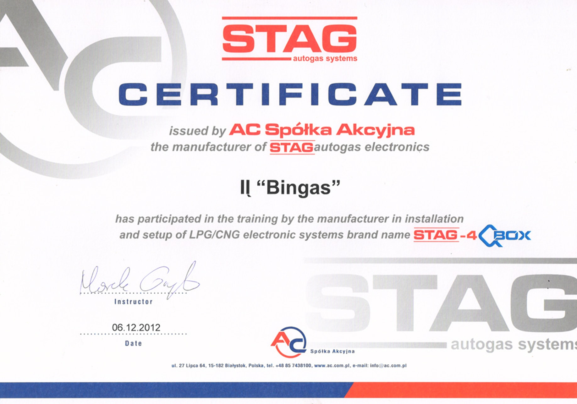Сертификат монтажа STAG autogas для IĮ Bingas