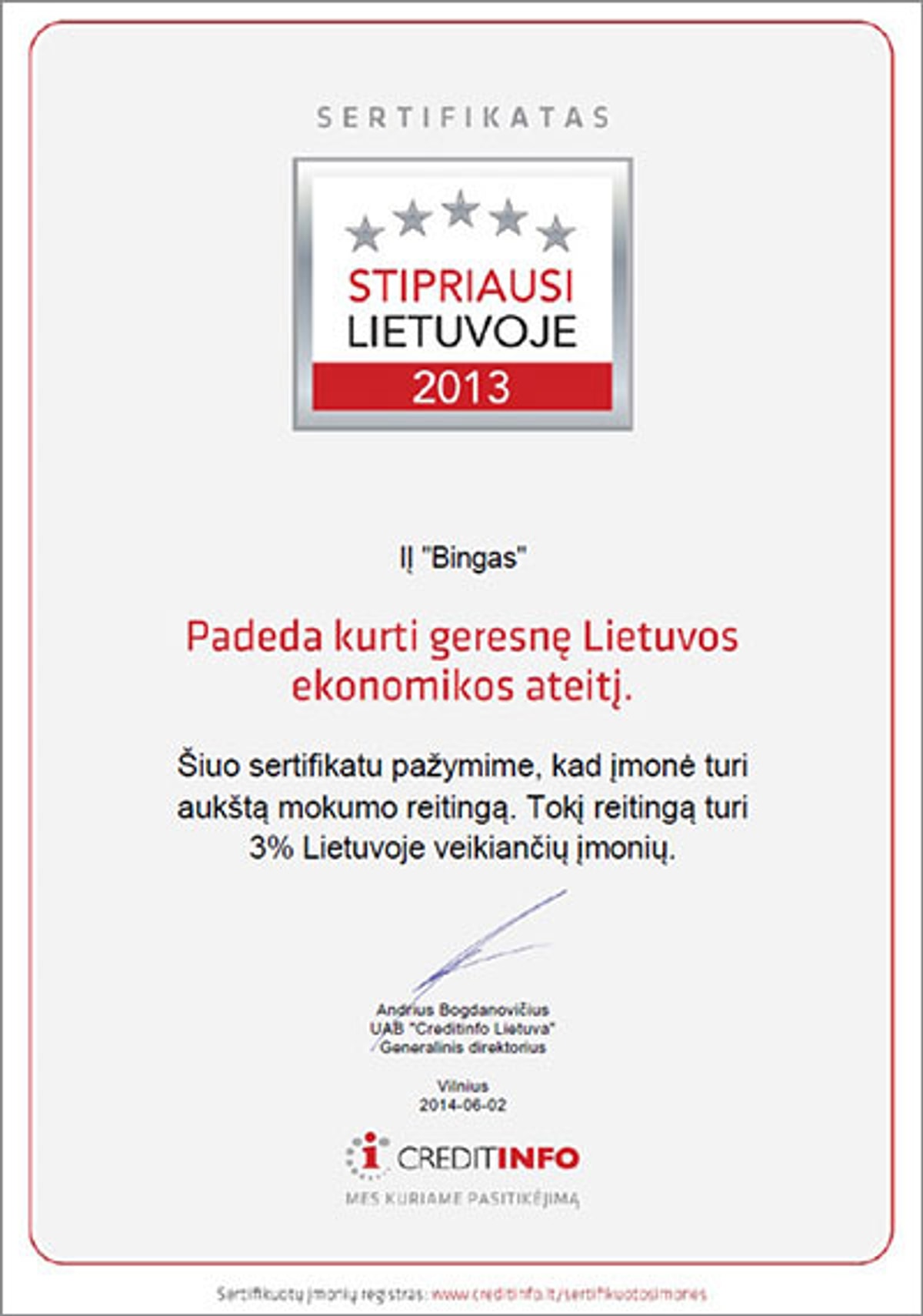 Сертификат Сильнейшие в Литве 2013 для MB Bingas